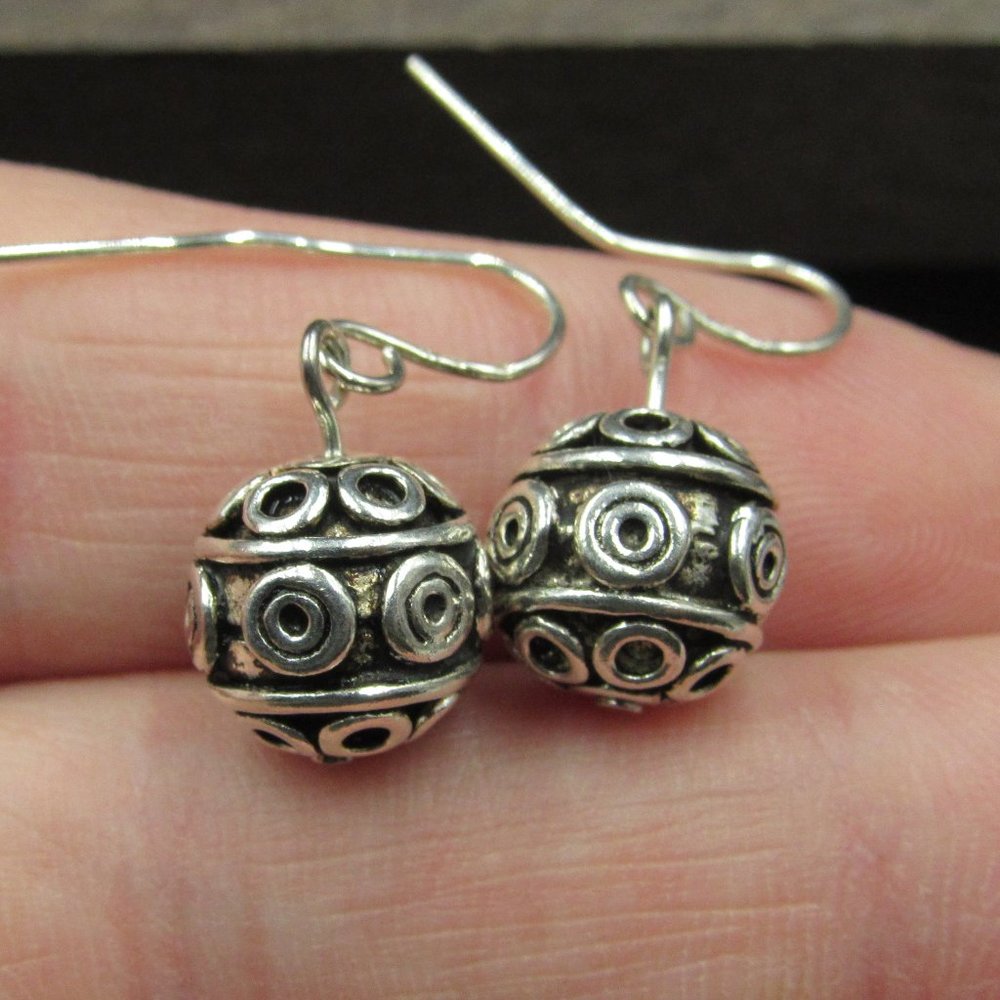 Sterling Silver Pattern Ball Dangle Earrings - image 1